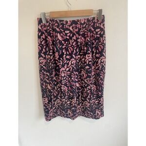 Vintage Floral Pink Black High Waisted Stretch Midi Skirt‎ Size 8 Boho